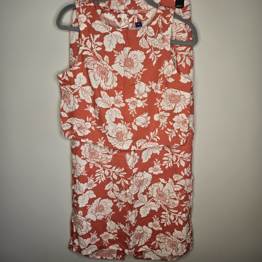 Old Navy Linen Blend Column Small Medium Orange Floral Tank Maxi Skirt Slit Set - Picture 2 of 15